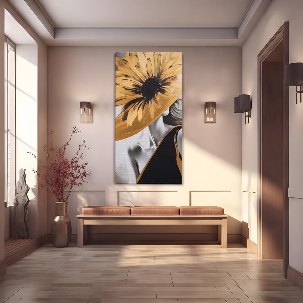Tablou canvas cu tablou canvas cu portret de femeie si floarea-soarelui, fara rama, pe sasiu de lemn